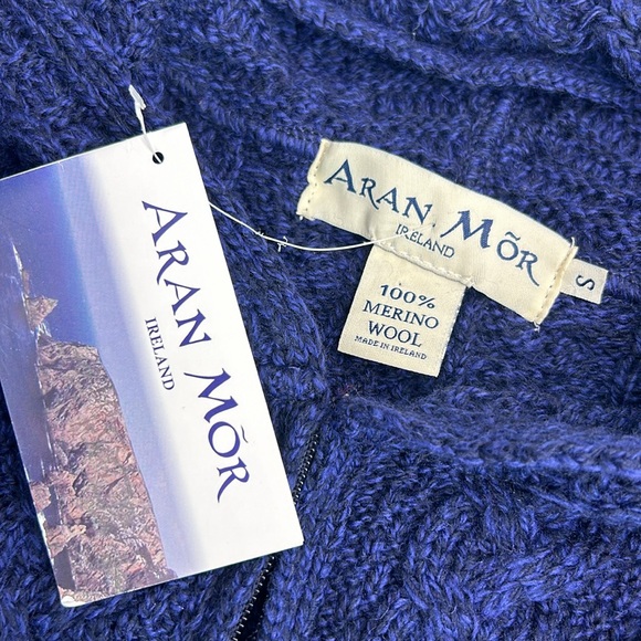 Aran Mor Ireland Galway Marl Blue Zip Up Wool Cable Knit Hooded Jacket/Cardigan - Picture 9 of 11